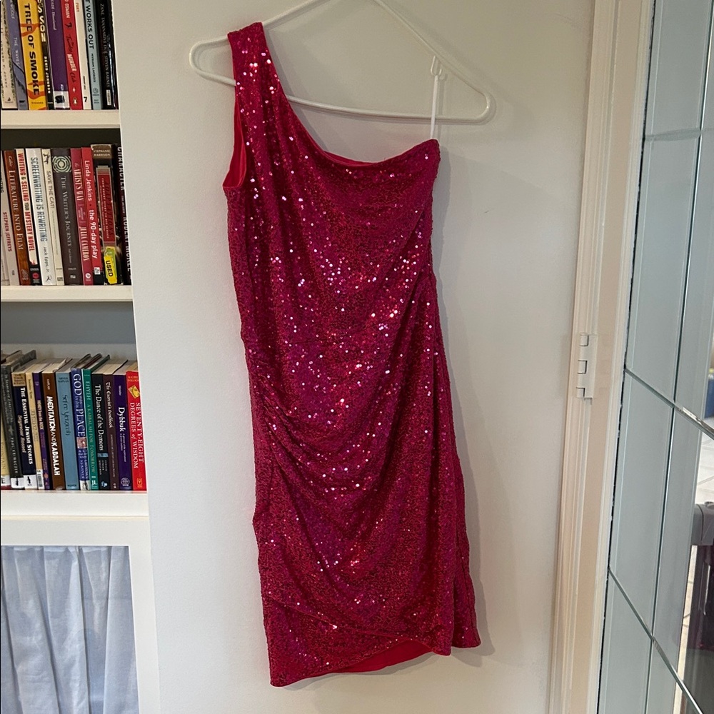 Grace Karin One-Shoulder Sequin Dress in Fuchsia